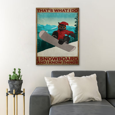 Un chat qui skie sur la neige - Voilà ce que je fais… Toile tendue avec châssis - Illustration sport, décor de salon bleu et blanc