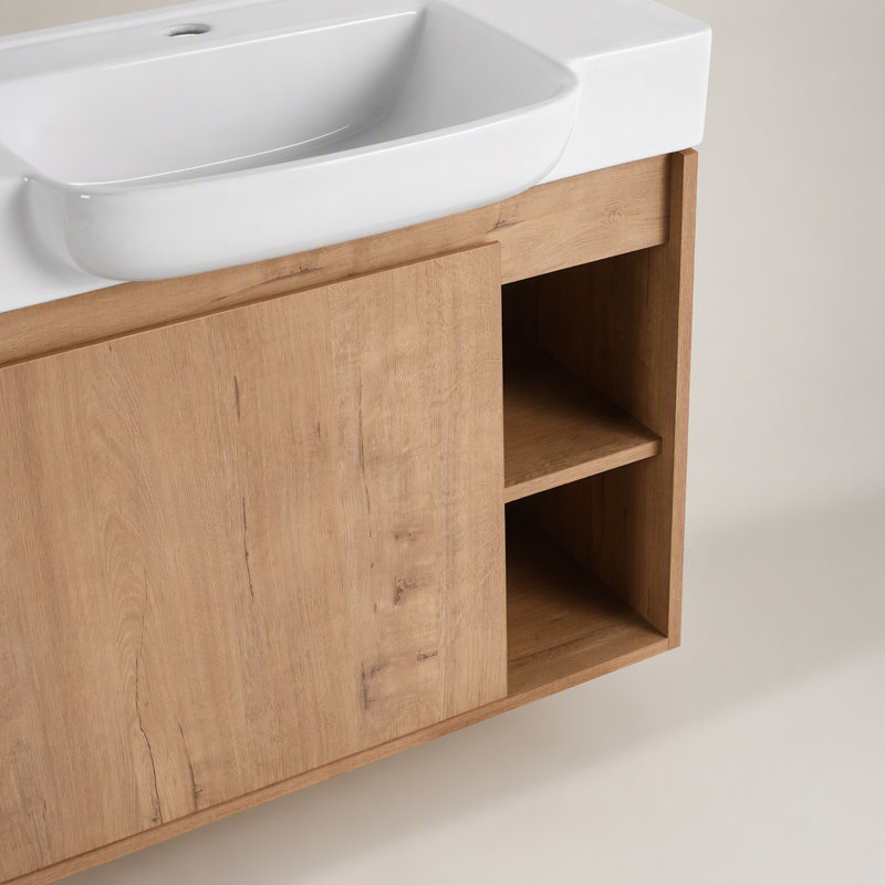 Meuble-lavabo mural 28 po avec lavabo en céramique blanche et porte à fermeture en douceur, emballage KD, Imitative Oak, 27"