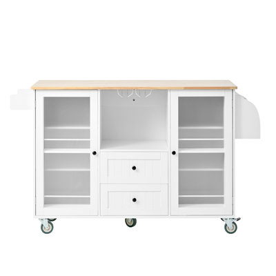 Mobile Kitchen Island Storage Trolley Cart On Wheels With Dropleaf Top, Towel/Spice Rack,2 Drawers, 2-Door Cabinet, White