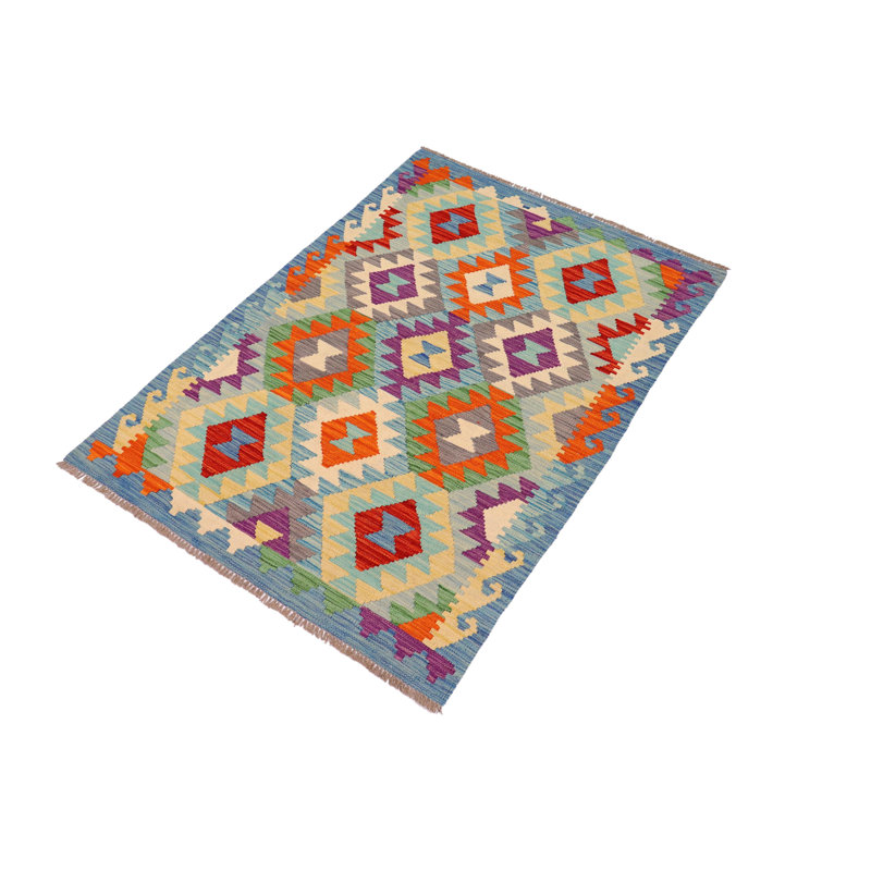 Tapis beige nouvel an / bleu / rouge 3 pi 5 po x 5 pi 3 po One-of-a-Kind