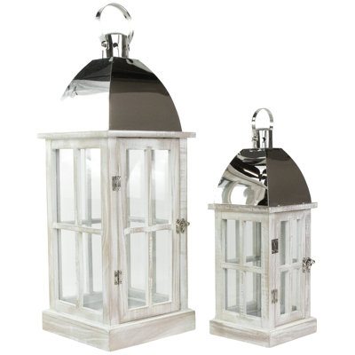 Lanternes de bougie en bois blanc antique avec plateau argenté