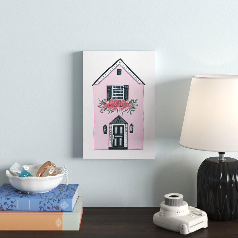 Maison rose - peinture sur toile tendue, H 12 po x l 8 po