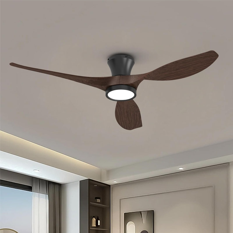 Ventilateur de plafond encastré 52 po avec lumière DEL et télécommande noir avec noyer Jacara, Noir avec pales noyer