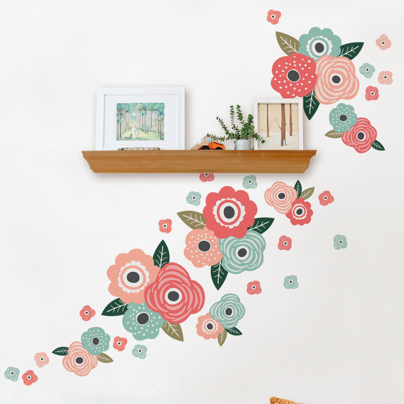 Décalcomanie murale fleur pour enfants, Corail chic / menthe