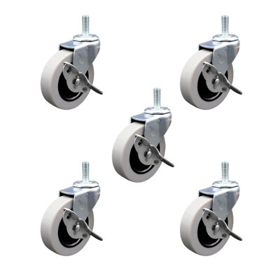 3 Inch Polyurethane Wheel 5/16 Threaded Stem Caster Set with Brakes Set of 5 SCC