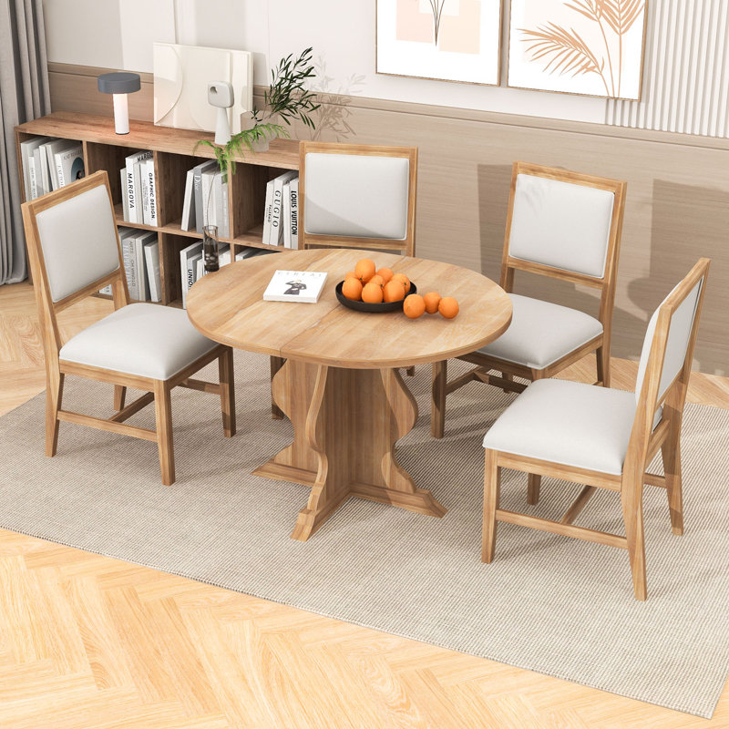 Ensemble de salle à manger de ferme 5 pièces avec table extensible et 4 chaises rembourrées pour la salle à manger, Naturel