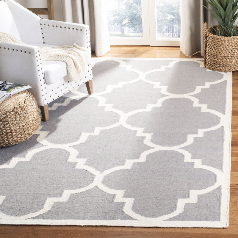 Rodgers Hand Woven Flat Weave Wool/Cotton Geometric Rug in Ivory/Gray, Rectangle 8' x 10'