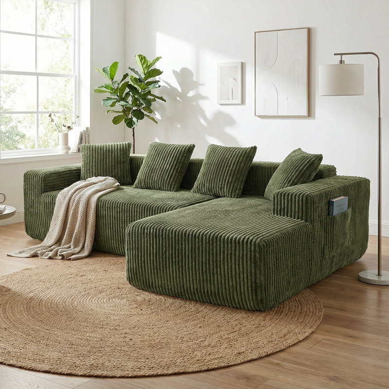 Modern Oversized Corner Sofa L-Shaped Corduroy Sofa With Storage Pockets , Right Hand Facing, Green