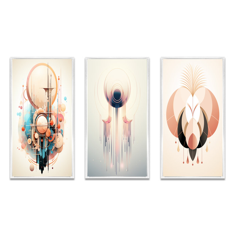«Glorious Elegance Nouveau Abstract Geometric III», 3 pièces sur toile, Cadre flottant blanc, H 32 po x l 48 po