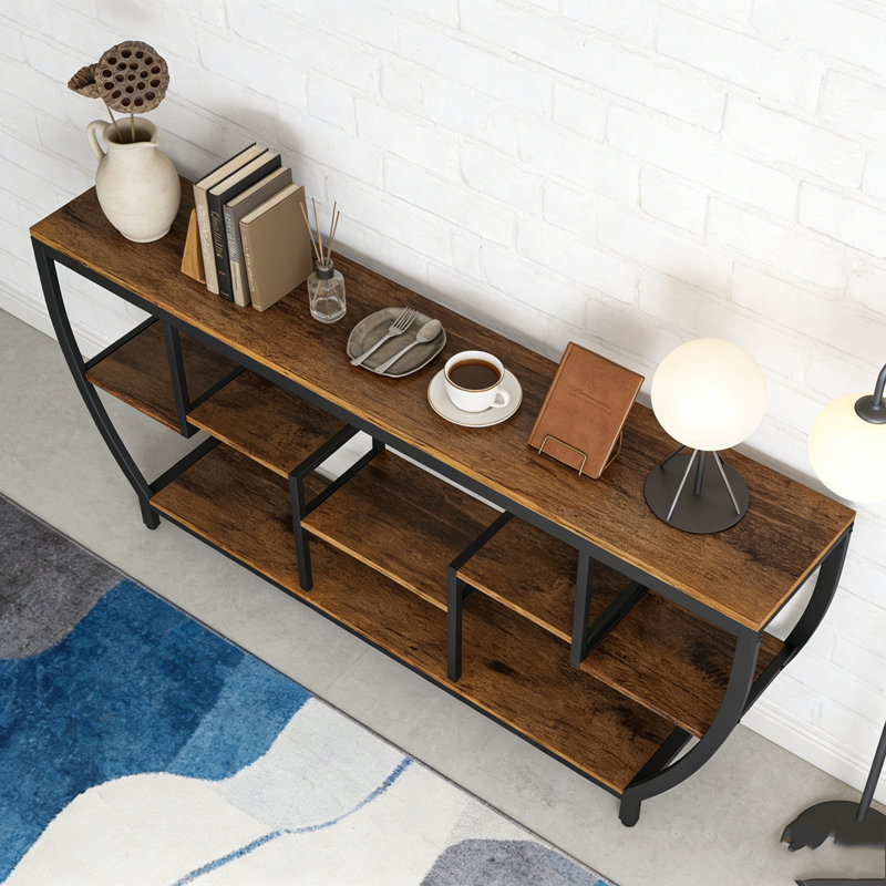 Table de console d'entrée industrielle avec tablettes, Noir et brun