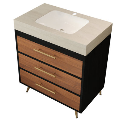 French Country Bathroom Vanity With Ceramic Vessel Sink, Scratch - Sintered Stone Surface, And Recessed Gold Handles For An Elegant Look Mid Century Modern Style Integrated Stain Top, Tilt Out