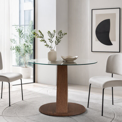 2-in-1 Modern Round Glass Dining Table, 39" Pedestal Kitchen Table with Adjustable Curved Wood Base, 4 Person Space Saving Dining Room Table