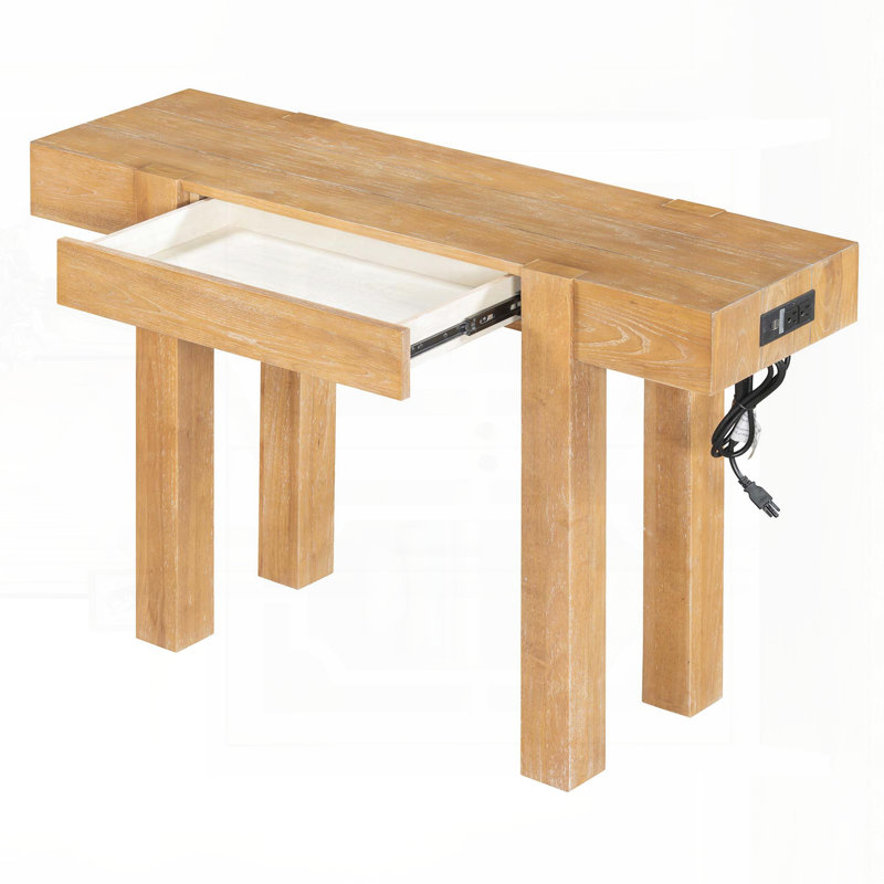 Console rustique minimaliste avec tiroir caché et prise de courant latérale (naturel), Bois naturel