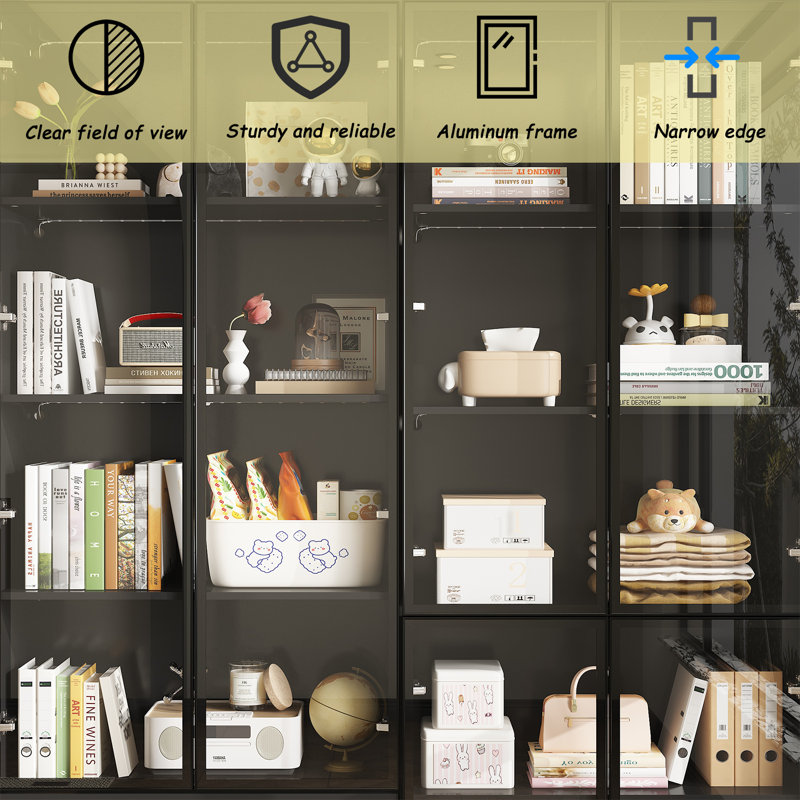 78.7'' H X 63'' W 2-Drawer Bookcase With Glass Doors And LED Light, Black