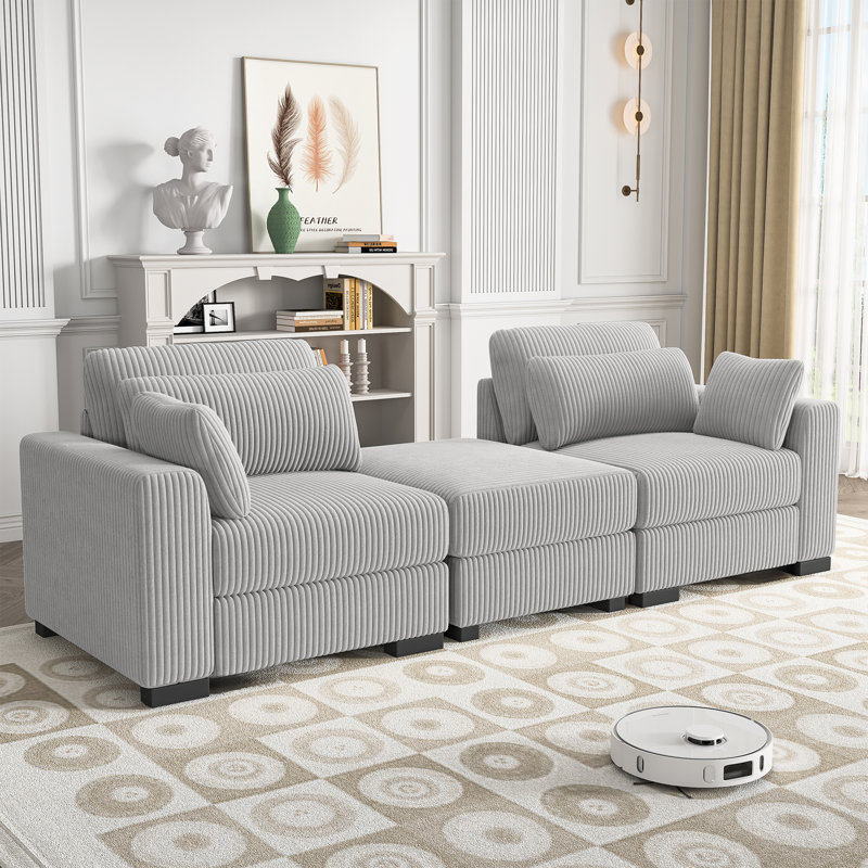 3-Piece L-Shaped Reversible Upholstery Sectional Sofa With A Movable Storage Ottoman, Corduroy Sofa Collection, Grey Corduroy