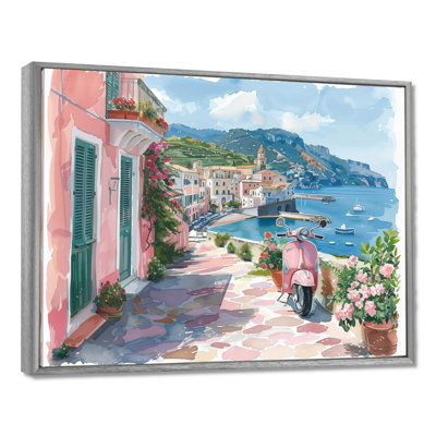 Scooter rose dans un village côtier, Italie I - impression d'art mural Italie
