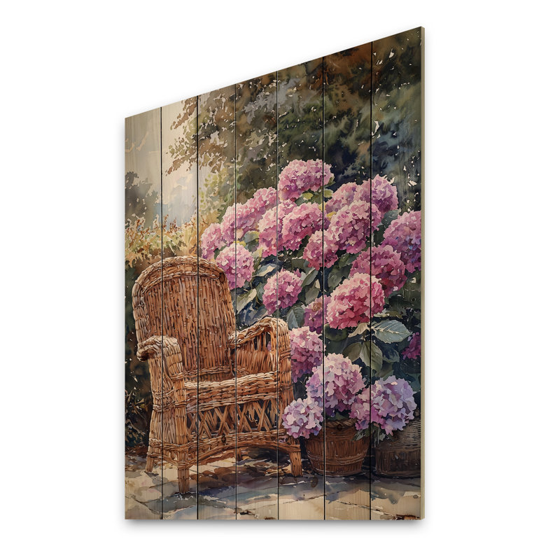 Hortensias avec meubles en rotin II - Art mural en bois d'hortensias - sur bois de pin naturel, H 40 po x l 30 po x P 0,78 po
