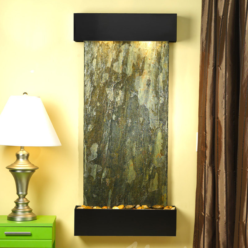 Cascade Springs Hand Crafted Natural Stone Weather Resistant Wall Base Fountain with Light, Blackened Copper