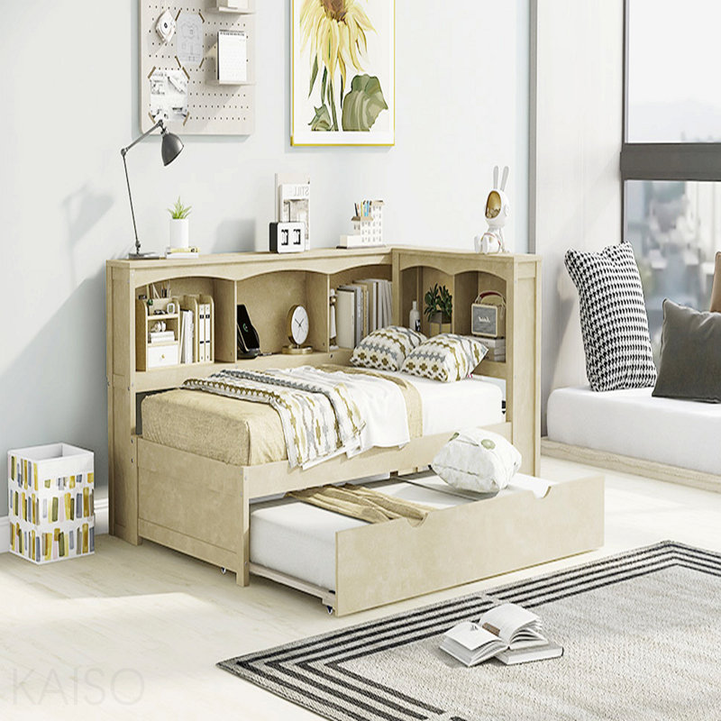 Lit de jour simple avec lit gigogne et rangement - Structure en bois massif et fabrication fonctionnelle, Brun