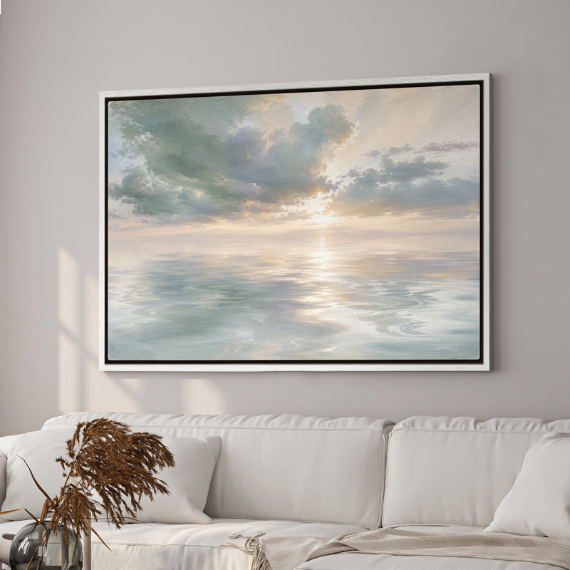 Art mural sur toile encadrée - Coucher de soleil océan doux avec des tons bleus et dorés - 24 po x 36 po, 24" H x 36" W