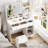 34" W Vanity Desk Set With Led Lighted Mirror & Power Outlet, Makeup Table Top with 3 Open Bookcases, 2 Drawers, Dresser Table for Bedroom, Checkroom-515584513