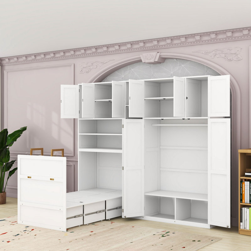Lit simple escamotable en bois avec tablettes, White