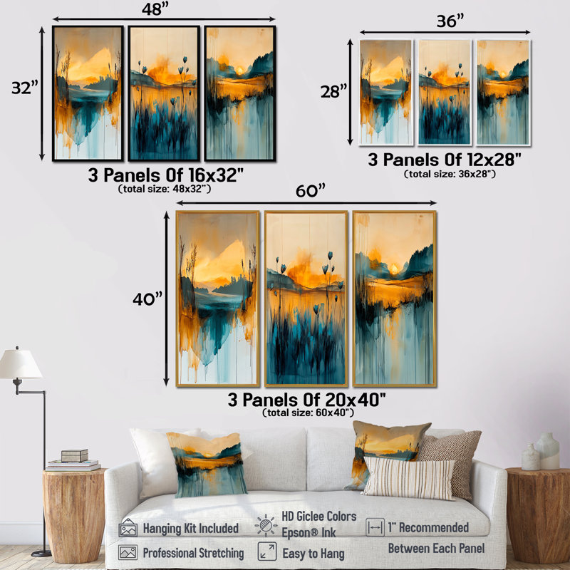 «Orange Twilight Calm Meadow I», collection d'art mural Green Meadow, 3 panneaux, H 28 po x l 36 po, Doré