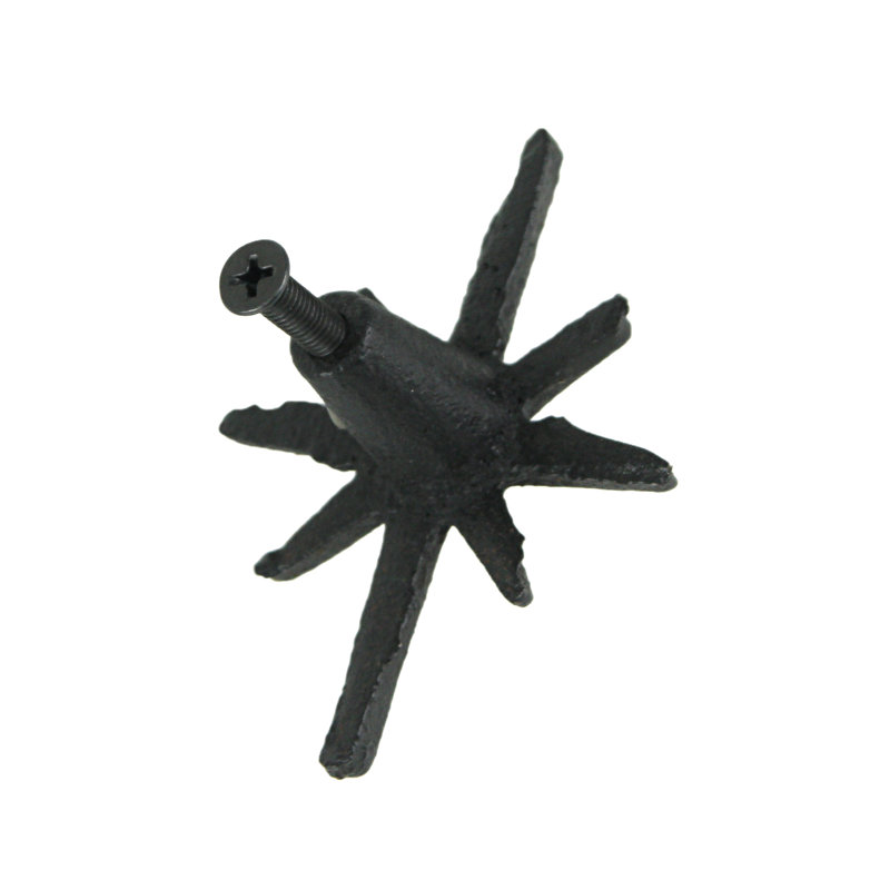 Antique black cast iron Mid-Century Modern starburst cabinet knobs and drawer pulls, set of 6 — 2.75" h x 2.25" w x 1.25" projection