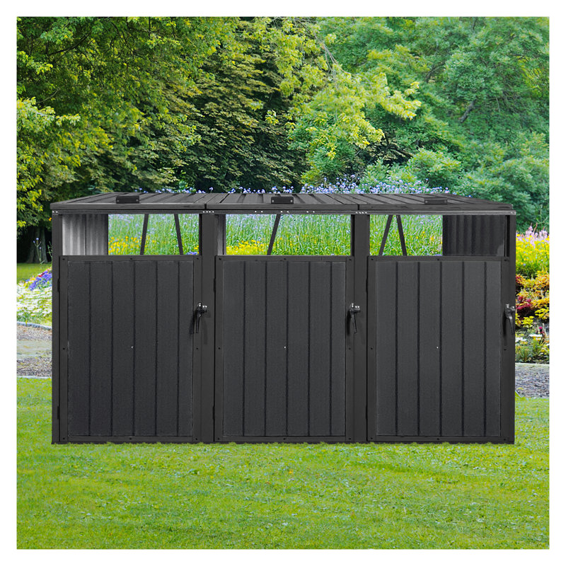 Remise extérieure pour poubelle, rangement en métal pour 3 grandes poubelles, remise en acier galvanisé avec couvercle à ressort pour le jardin, le patio et la cour - Noir