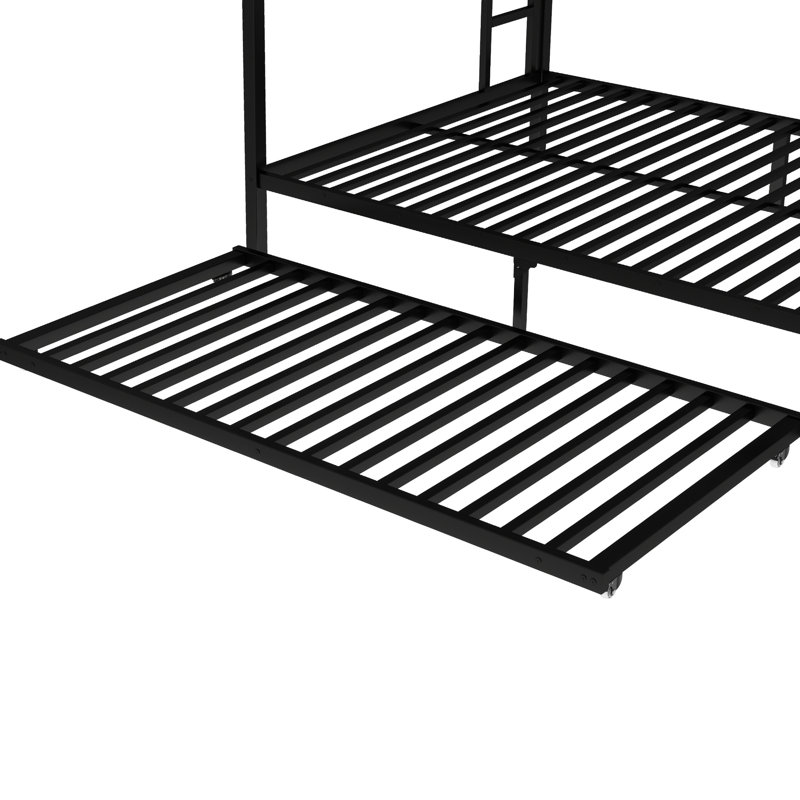 Queen Over Black Metal Bunk Bed With Trundle - Strong Support, Quiet Sleep, Space Utilization Storage Heavy Duty Build, Noise , Safe Guardrails