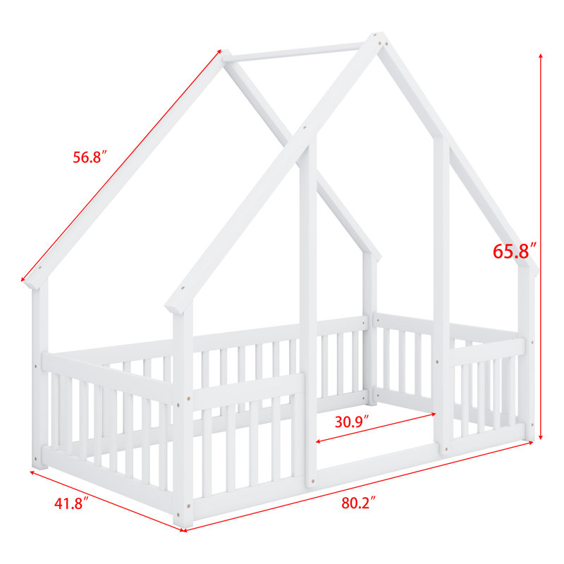 Dreamy Kids’ House Bed Ground-Level Design With Sturdy Wooden Guardrails, White