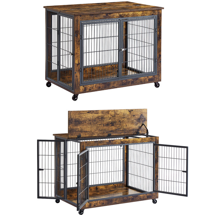 Pet Dog Crate Cage Furniture Style With Double Doors On Casters Medium Dog