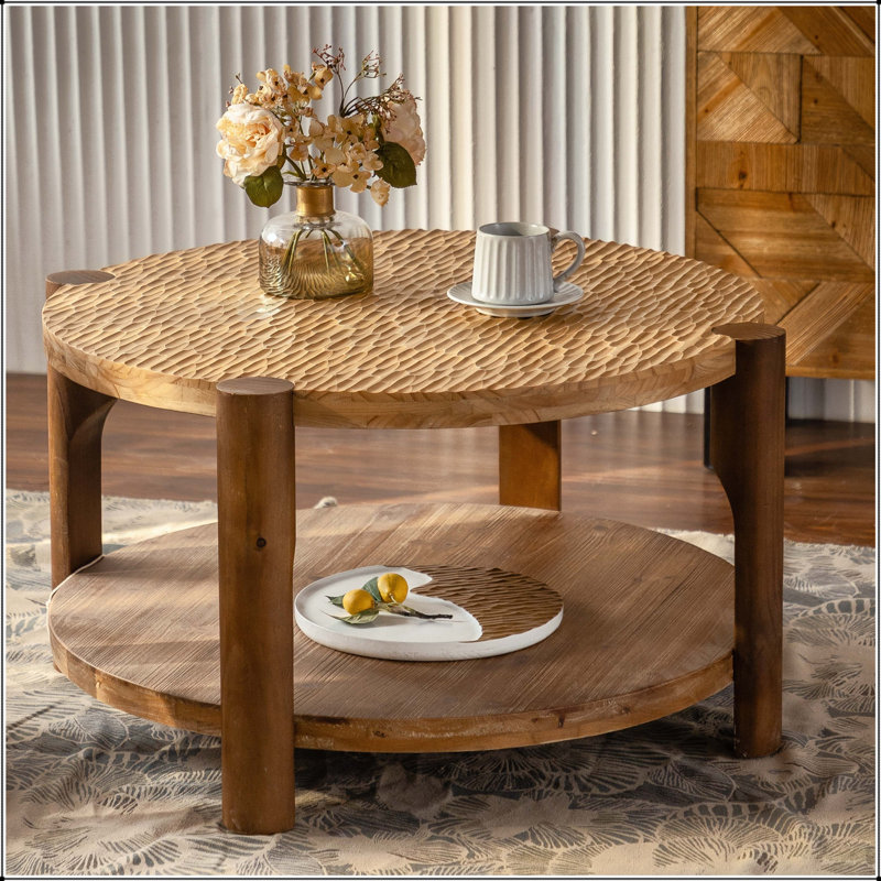 Table basse ronde avec rangement à 2 niveaux et pieds en bois massif