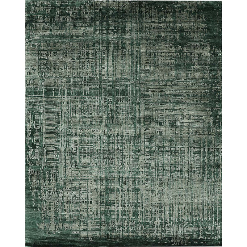 Tapis vert noué à la main de haute qualité, Rectangle 9 pi x 12 pi, Laine