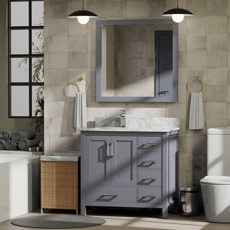 Jacques 36 in. W x 22 in. D Left Offset Bath Vanity and Top, Dark Gray, White Carrara Marble