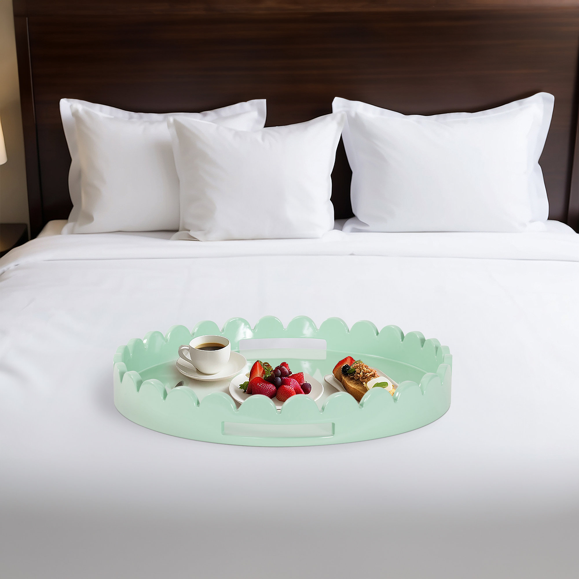 Effa Hand-Crafted Round Scalloped Wood Tray, Mint Green