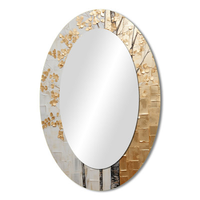 Minimalism Golden Trees Harmony II - Landscapes Oval Decorative Mirror On Metal