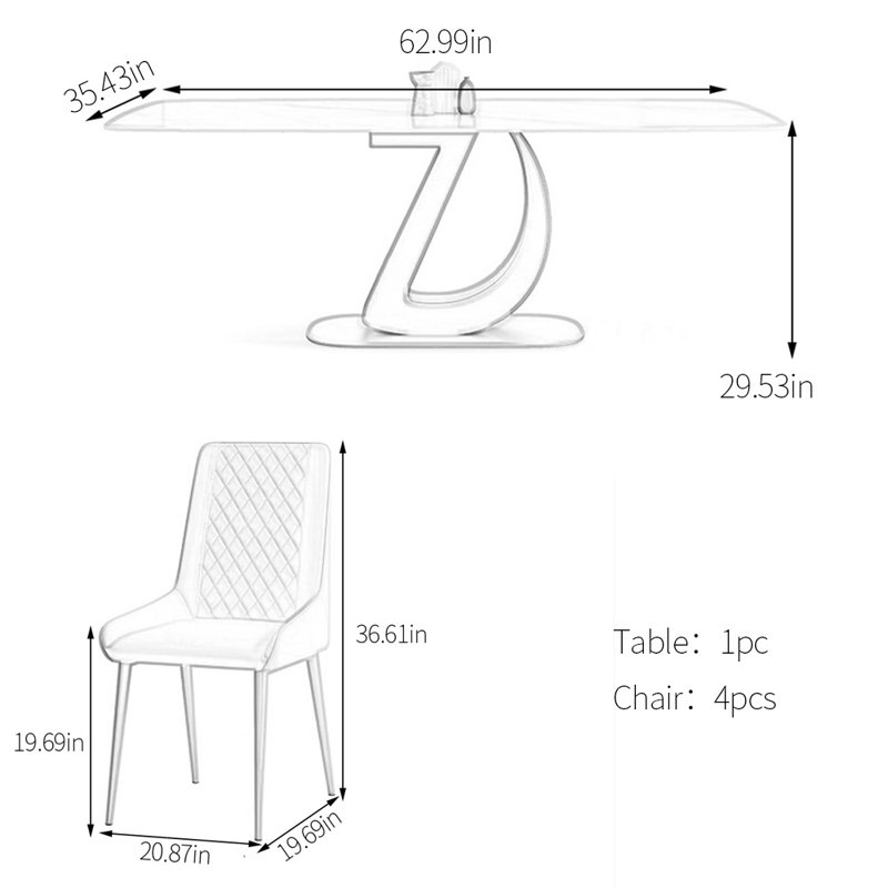 Ensemble de table de salle à manger haut de gamme en pierre frittée, 5, H 29,53 po x L 62,99 po x l 35,43 po