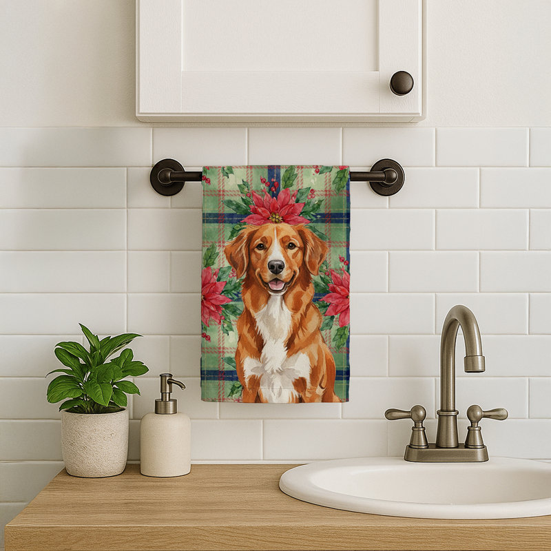Orange Nova Scotia Duck Tolling Retriever Christmas PoinsettIas Kitchen Towel, Orange Nova Scotia Duck Tolling Retriever
