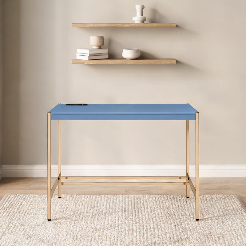 42-Inch Rectangle Writing Desk with USB Port, MDF Top and Gold Open Metal Base, Blue Finish, 29.99" H x 19.96" W x 41.98" D