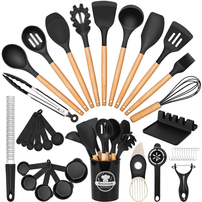 Ensemble d'ustensiles de cuisine, ensemble de 39 ustensiles de cuisine en silicone avec poignée en bois, ensembles d'ustensiles de qualité alimentaire résistant à la chaleur à 446 ° F, ensemble d'outils de cuisine sans BPA pour batterie de cuisine antiadhésive (noir)