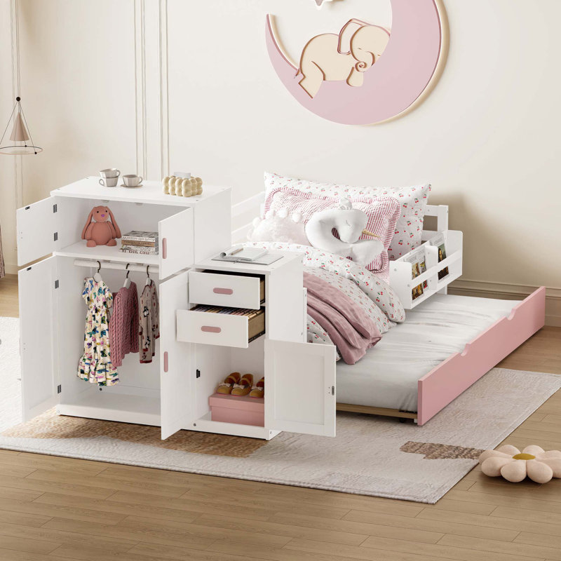 Lit plateforme simple en bois avec bibliothèque pour échantillon et garde-robe mobile, lit multifonctionnel avec lit gigogne intégré