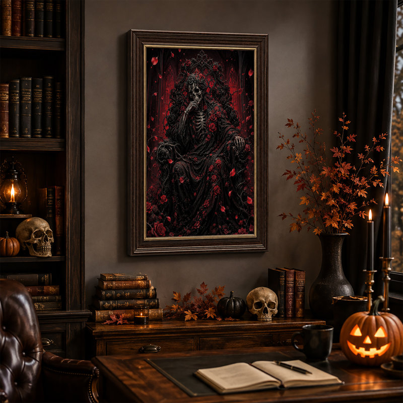 «Skeleton King» sur un trône épineux noir sur toile rouge d'Halloween, H 18 po x l 12 po