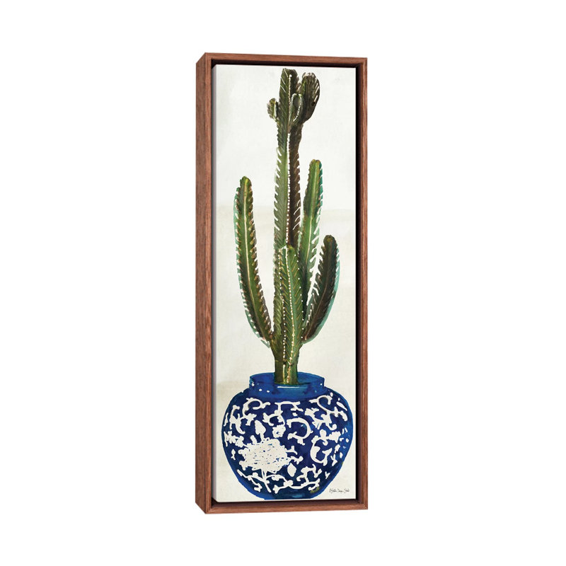 «Cacti in Blue Pot II», impression panoramique sur toile, H 72 po x l 24 po x P 1,5 po, Toile classique avec cadre brun