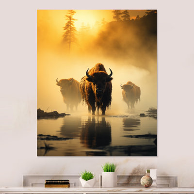 Yellow Black Buffalo Ethereal Grazing - Animals Bison Print on Metal