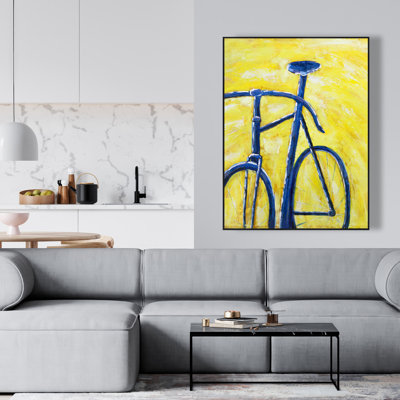 Blue Bike on Yellow Background - Yellow Hobbies Framed Canvas