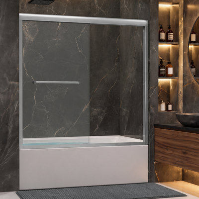 56" - 60" W x 57" H Double Sliding Shower Door, Framed Tub Shower Door with 1/4-in (6mm) Tempered Glass and Quiet Rollers, Stainless Steel Accessories
