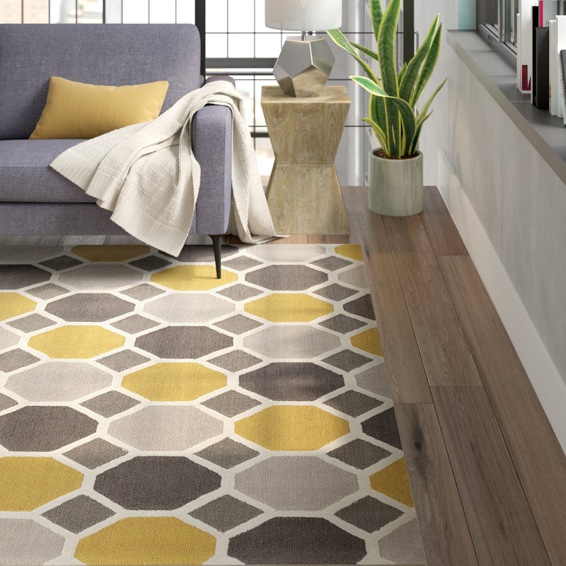 Tapis gris et doré fait à la main Equelle, Rectangle 8 pi x 10 pi
