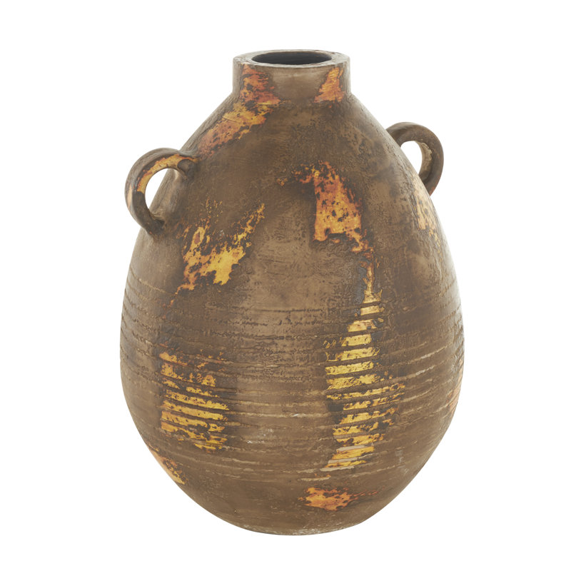 Anelis Ceramic Antique Style Distressed Decorative Brown Vase with Grooves and Handles