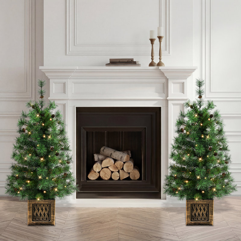 Ensemble de 2 arbres artificiels en pot pré-éclairés à pile de 3,5 pi avec minuterie
